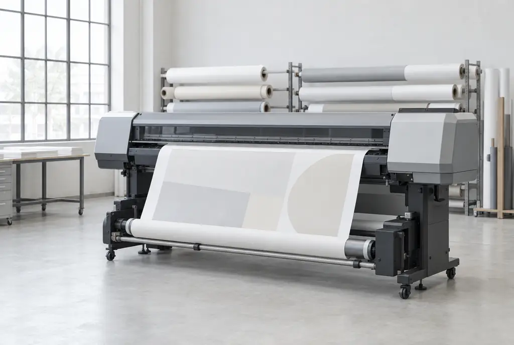 A wide-format roll-to-roll printer, printed media coming off onto the take-up bar.