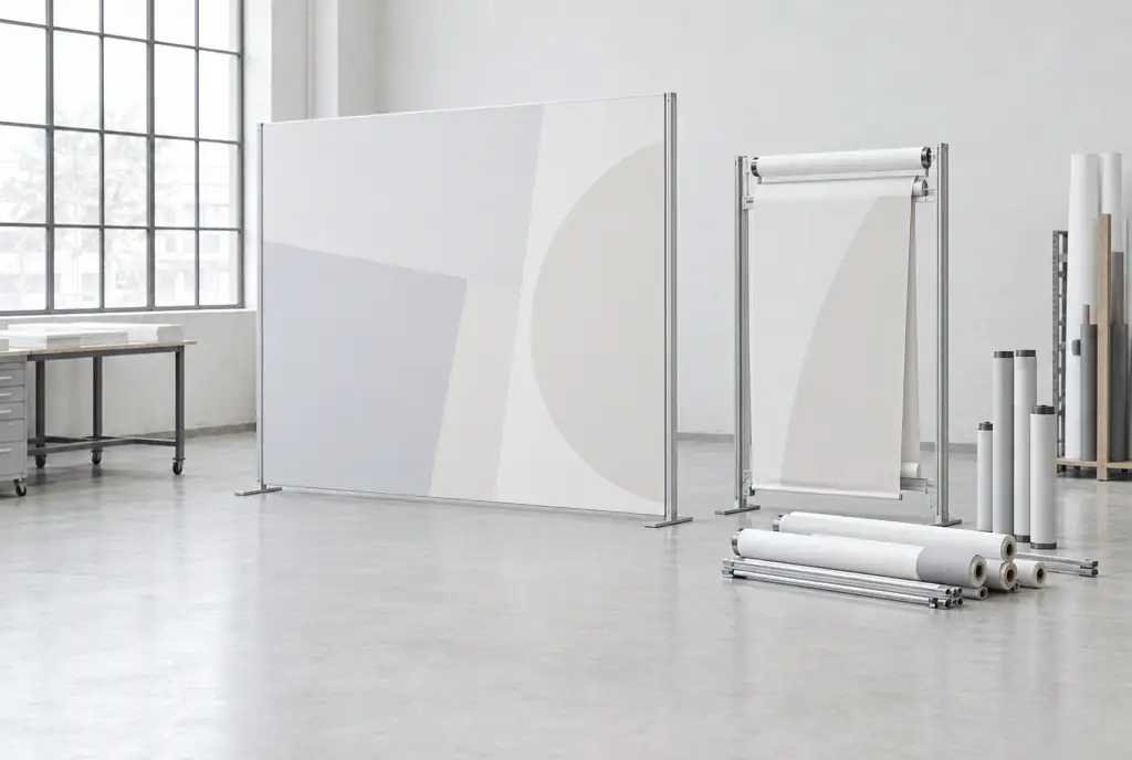 Textile Messewand mit bedrucktem Spannstoff, Theke und Roll-up auf einem Messestand.