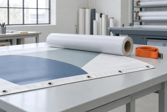 A PVC banner unrolled on a table, a welded hem and a row of steel eyelets along the edge.