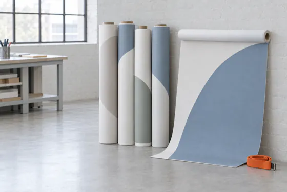 Rolls of wall mural in 100 cm strips standing against a wall, one unrolled to the floor.