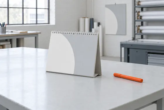 Tischkalender mit Wire-O-Bindung auf dem Aufsteller, dahinter ein Wandkalender.