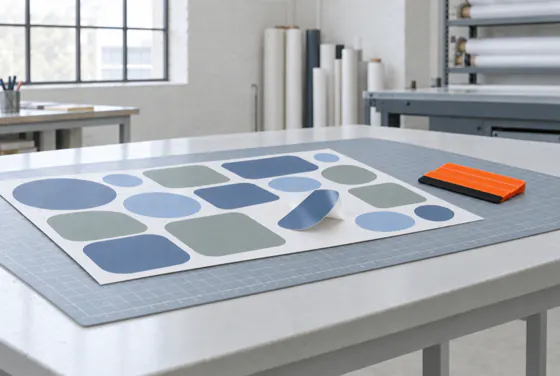 A sheet of contour-cut stickers on a cutting mat, one peeled half off its backing liner.