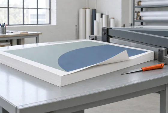 A lift of posters on the bed of a guillotine, the top sheet lifted at one corner showing the stack depth.