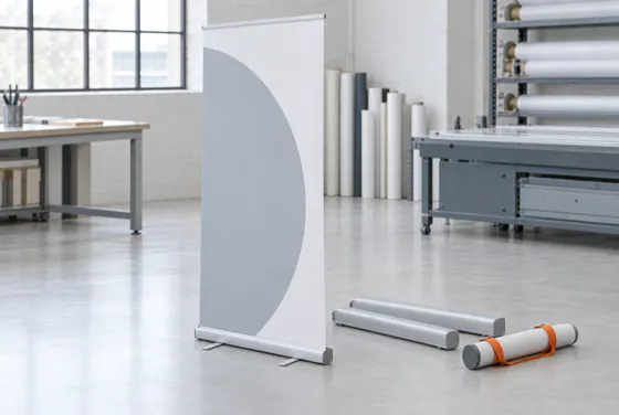 Roll-up aus der Aluminiumkassette ausgezogen, daneben zwei geschlossene Kassetten und eine Transporttube 105 cm.