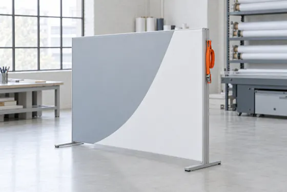 Textile Messewand 3 × 2,3 m: Stoff im Aluminiumrahmen gespannt, auf zwei Füßen.