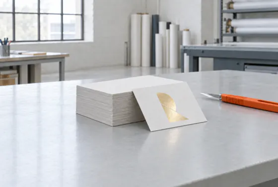 A tight stack of 90 by 50 mm business cards, one leaning against it with foil stamping.