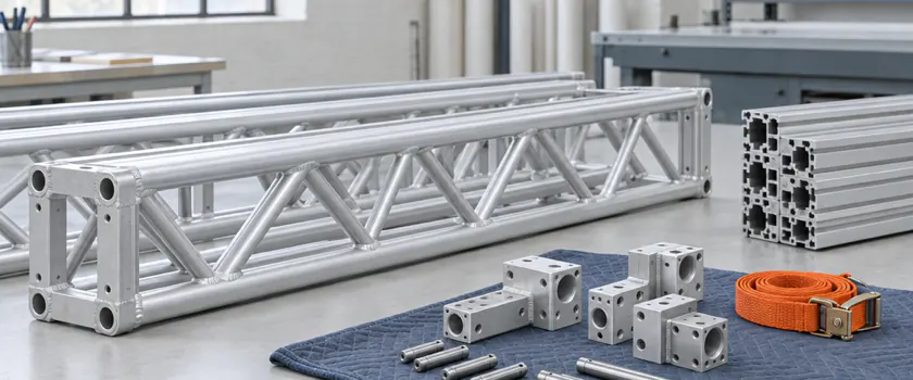 Aluminiumtraverse und Standprofile in der Halle ausgelegt, daneben Eckblöcke und Verbindungsbolzen.